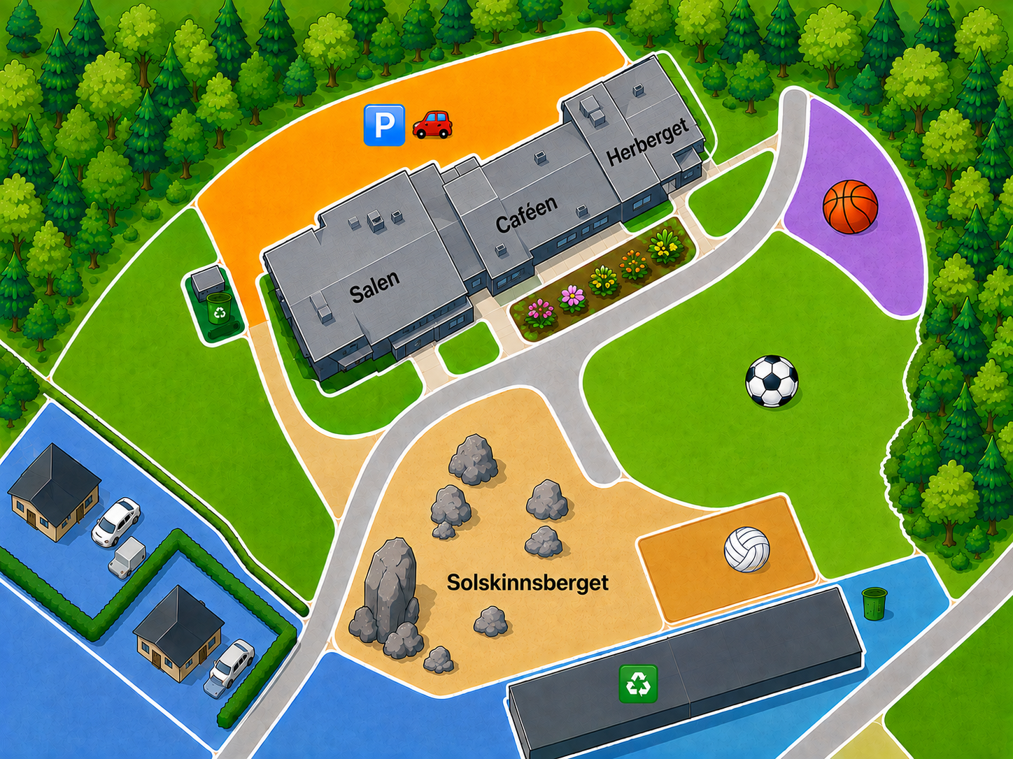 Kart over Oven Leir med parkering, fotballbane, volleyballbane, basketballbane og Skolskinnsberget